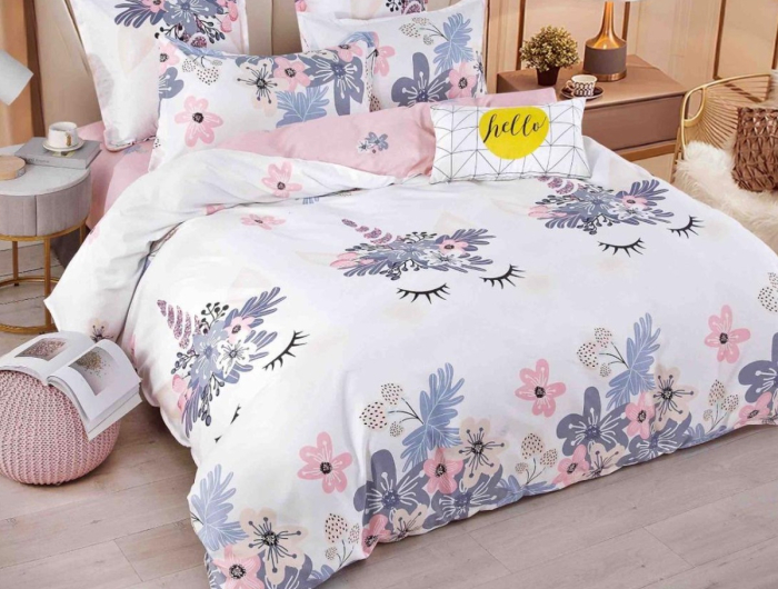 Lenjerie de Pat Bumbac Finet cu Elastic, Pat Dublu, 6 Piese - Alb/Lila, Flori [2]