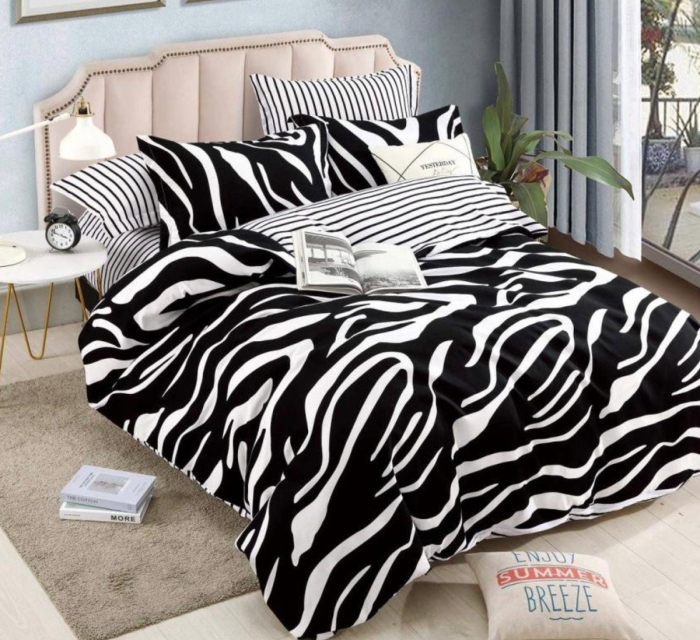 Lenjerie de Pat Bumbac Finet, Pat Dublu, 6 Piese, Cearceaf cu Elastic - Alb/Negru, Zebra [2]