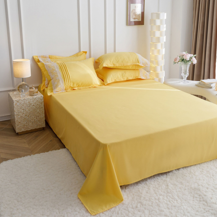 Lenjerie de Pat Bumbac Soft Touch, Pat Dublu, 6 Piese, cu Pliuri Brodate - Galben [9]