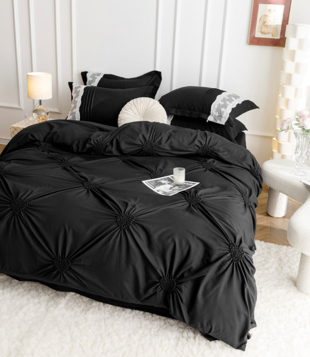 Lenjerie de Pat Bumbac Soft Touch, Pat Dublu, 6 Piese, cu Pliuri Brodate - Negru [3]