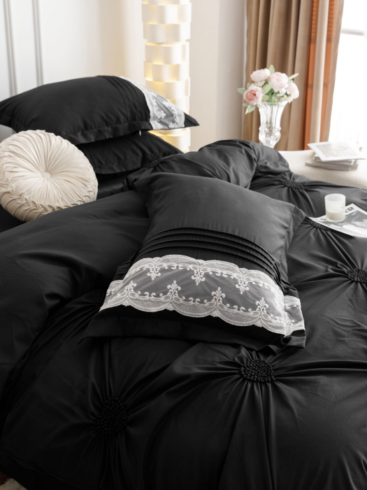Lenjerie de Pat Bumbac Soft Touch, Pat Dublu, 6 Piese, cu Pliuri Brodate - Negru [7]