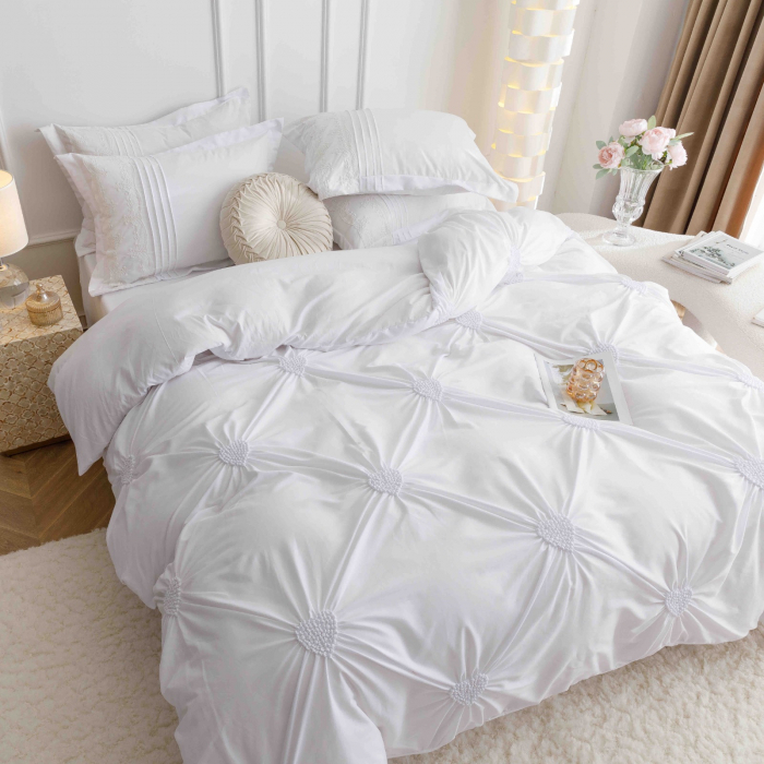 Lenjerie Pat Dublu, Bumbac Soft Touch, 6 piese, cu Pliuri Brodate - Alb [2]