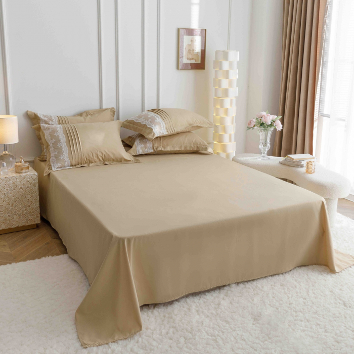 Lenjerie Pat Dublu, Bumbac Soft Touch, 6 piese, cu Pliuri Brodate - Bej [3]