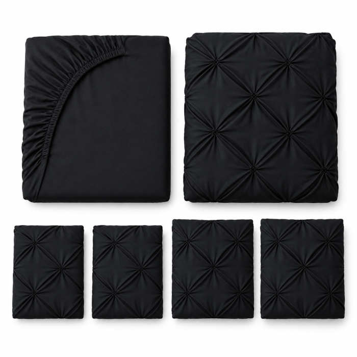 Lenjerie de Pat Bumbac Finet cu Pliuri, Pat Dublu, 6 Piese, Cearceaf cu Elastic - Negru [2]