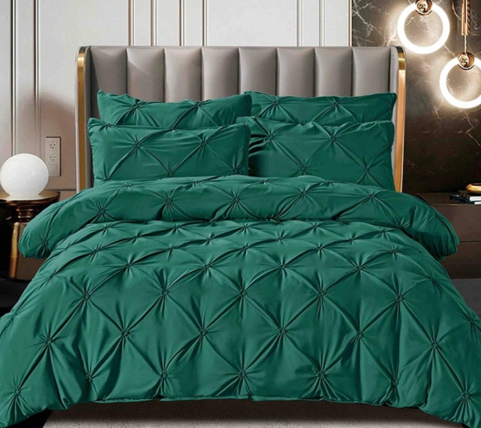 Lenjerie de Pat Bumbac Finet, Pat Dublu, 6 Piese, Cearceaf cu Elastic, cu Pliuri - Verde Inchis [2]