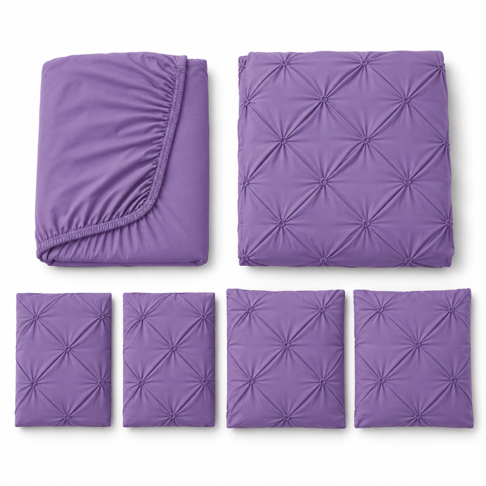 Lenjerie de Pat Bumbac Finet cu Pliuri, Pat Dublu, 6 Piese, Cearceaf cu Elastic - Lila [2]