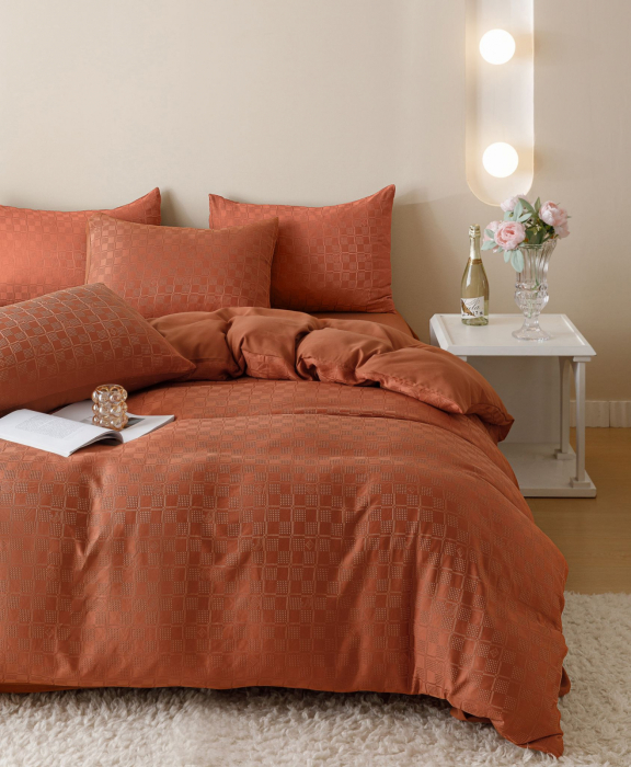 Lenjerie de Pat Bumbac Finet Jacquard, Pat Dublu, 6 Piese - Caramiziu [5]