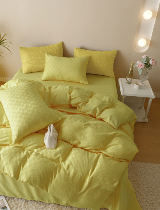 Lenjerie de Pat Bumbac Finet Jacquard, Pat Dublu, 6 Piese - Galben [2]