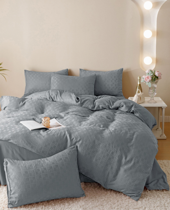 Lenjerie de Pat Bumbac Finet Jacquard, Pat Dublu, 6 Piese - Gri [2]