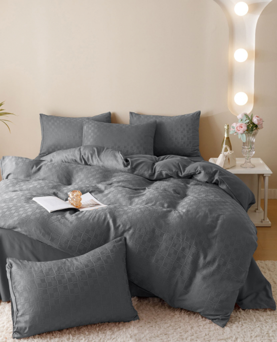 Lenjerie de Pat Bumbac Finet Jacquard, Pat Dublu, 6 Piese - Gri Inchis [2]
