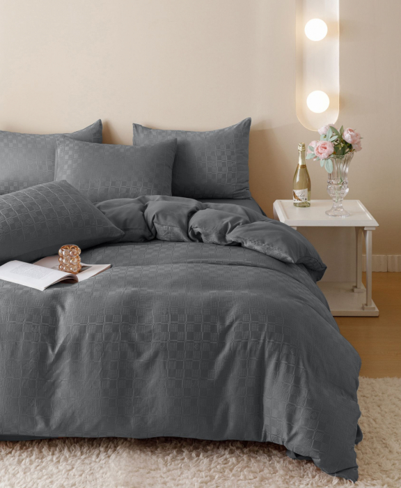 Lenjerie de Pat Bumbac Finet Jacquard, Pat Dublu, 6 Piese - Gri Inchis [5]