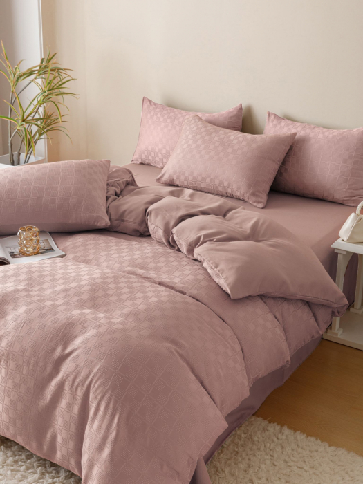 Lenjerie de Pat Bumbac Finet Jacquard, Pat Dublu, 6 Piese - Roz Pudra [6]