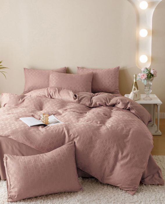 Lenjerie de Pat Bumbac Finet Jacquard, Pat Dublu, 6 Piese - Roz Pudra [2]