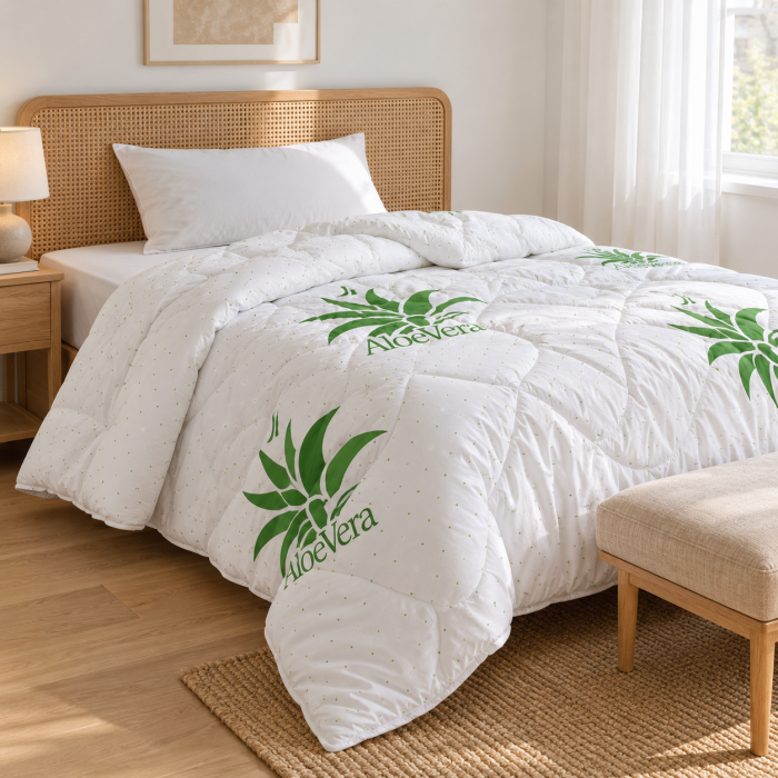 Pilota Aloe Vera, Pat Dublu, 200x220 cm, Microfibra - Alb, Frunze Verzi [2]