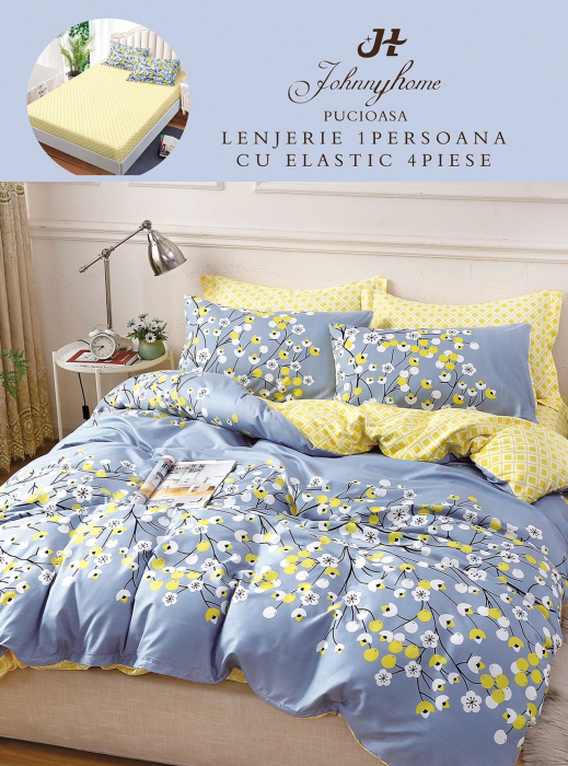 Set Lenjerie De Pat 1 Persoana, 4 piese, cu ELASTIC - Floricele [1]
