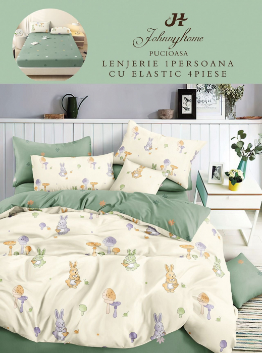 Set Lenjerie De Pat 1 Persoana, 4 piese, cu ELASTIC - Animăluțe [1]
