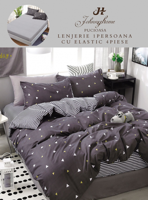 Set Lenjerie De Pat 1 Persoana, 4 piese, cu ELASTIC - Buline [1]