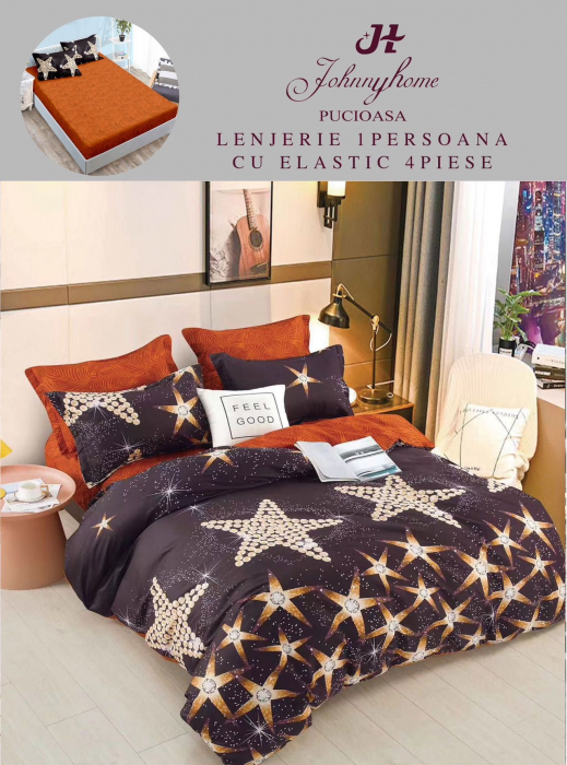 Set Lenjerie De Pat 1 Persoana, 4 piese, cu ELASTIC - Steluțe [1]
