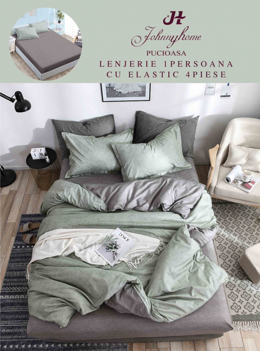 Set Lenjerie De Pat 1 Persoana, 4 piese, cu ELASTIC - Verde / Gri [1]