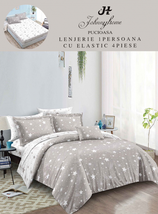 Set Lenjerie De Pat 1 Persoana, 4 piese, cu ELASTIC - Stele [1]