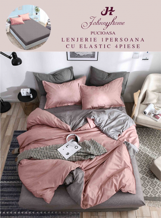 Set Lenjerie De Pat 1 Persoana, 4 piese, cu ELASTIC - Roz / Gri [1]