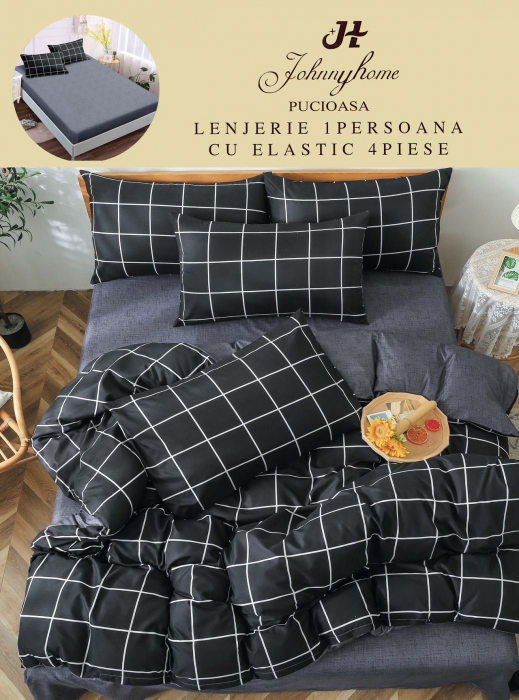Set Lenjerie De Pat 1 Persoana, 4 piese, cu ELASTIC - Carouri [1]