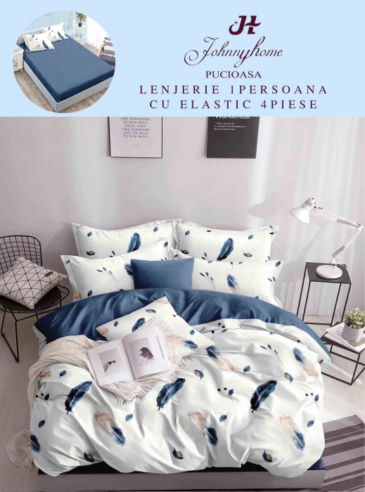 Set Lenjerie De Pat 1 Persoana, 4 piese, cu ELASTIC - Pene [1]