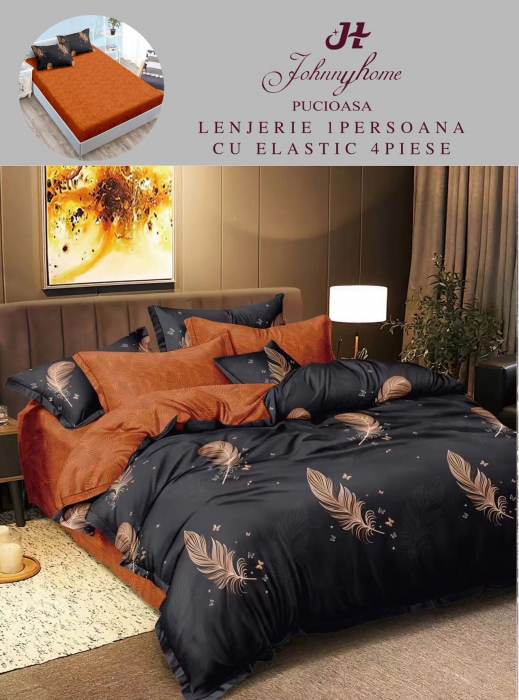 Set Lenjerie De Pat 1 Persoana, 4 piese, cu ELASTIC - Pene [1]