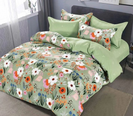OFERTE SPECIALE - Lenjerie Din Bumbac Tip Finet 6 Piese Pentru Pat Dublu - Verde Cu Flori