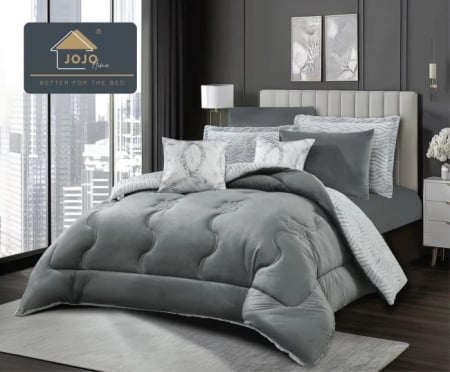 Lenjerii Cu Pilota Inclusa - Set lenjerie de pat cu elastic ,cu pilota inclusa, blanita artificiala de iepure, 6 piese, Gri Deschis