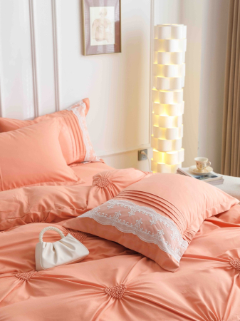 Lenjerie Pat Dublu, Bumbac Soft Touch, 6 piese, cu Pliuri Brodate - Piersicuta [1]