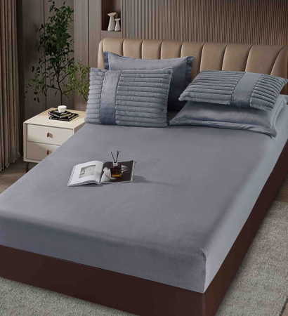 Lenjerie de pat cu Pilota Inclusa , Cearceaf cu Elastic, 6 Piese, Blană de Iepure Artificială - Gri Inchis [3]