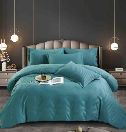 Lenjerii de pat - Lenjerie pat dublu 100% Damasc PREMIUM, Cu Elastic, 6 Piese - Turcoaz Petrol