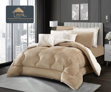 Lenjerii Cu Pilota Inclusa - Set lenjerie de pat cu elastic ,cu pilota inclusa, blanita artificiala de iepure, 6 piese, Bej