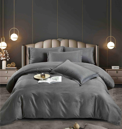 Lenjerii Damasc Fara Elastic - Lenjerie pat dublu 100% Damasc PREMIUM, 6 Piese - Gri Inchis