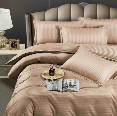 Lenjerie pat dublu 100% Damasc PREMIUM, Cu Elastic, 6 Piese - Bej [1]