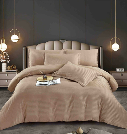 Lenjerii de pat - Lenjerie pat dublu 100% Damasc PREMIUM, Cu Elastic, 6 Piese - Bej