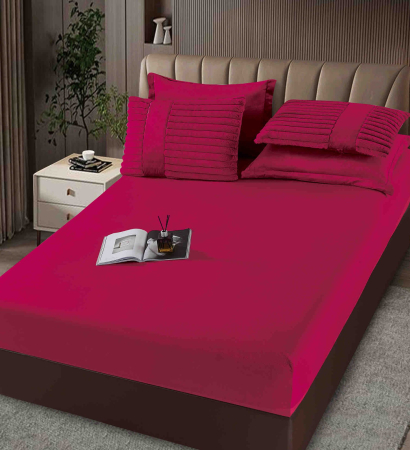 Lenjerie de pat cu Pilota Inclusa , Cearceaf cu Elastic, 6 Piese, Blană de Iepure Artificială - Visiniu [3]