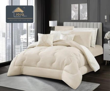 Lenjerii Cu Pilota Inclusa - Set lenjerie de pat cu elastic ,cu pilota inclusa, blanita artificiala de iepure, 6 piese, Crem