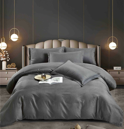 Lenjerii de pat - Lenjerie pat dublu 100% Damasc PREMIUM, Cu Elastic, 6 Piese - Gri Inchis