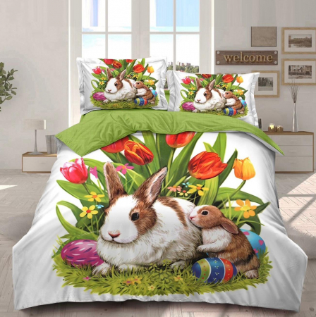 Lenjerii Bumbac Finet Paște - Lenjerii Bumbac Finet, Easter Collection, Alb-Verde Iepuras Lalele