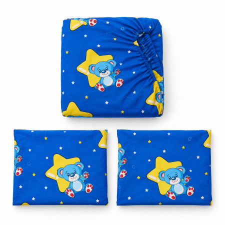 Husa de Pat cu Elastic Bumbac Finet, 1 Persoana 90x200 cm, cu 2 Fete de Perna - Albastru, Ursuleti [1]