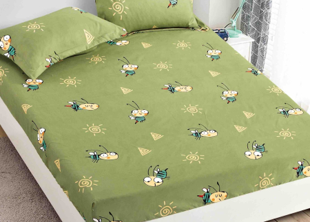 Husa de Pat cu Elastic Bumbac Finet, 1 Persoana 90x200 cm, cu 2 Fete de Perna - Verde, Vacute [1]