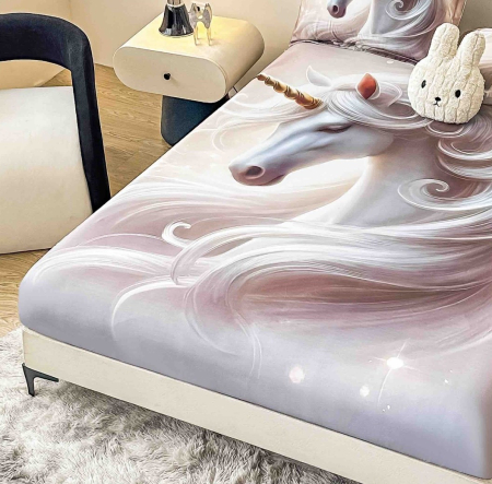 Husa de Pat cu Elastic Bumbac Finet 5D, Pat Dublu, cu 2 Fete de Perna, 160x200 cm - Crem, Unicorn [1]