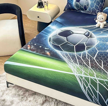 Husa de Pat cu Elastic Bumbac Finet 5D, Pat Dublu, cu 2 Fete de Perna, 160x200 cm - Verde, Fotbal [1]