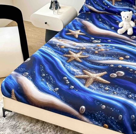 Husa de Pat cu Elastic Bumbac Finet 5D, Pat Dublu, cu 2 Fete de Perna, 160x200 cm - Albastru, Stele [1]