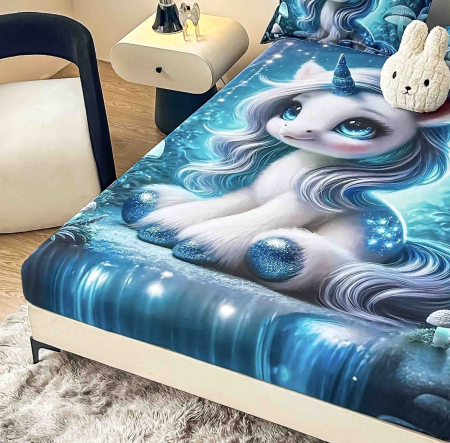 Husa de Pat cu Elastic Bumbac Finet 5D, Pat Dublu, cu 2 Fete de Perna, 160x200 cm - Turcoaz, Bufnita [1]