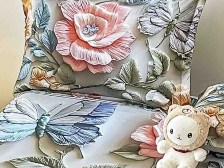 Husa de Pat cu Elastic Bumbac Finet 5D, Pat Dublu, cu 2 Fete de Perna, 160x200 cm - Alb, Flori Albastre [3]