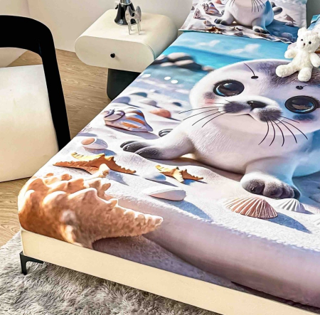 Husa de Pat cu Elastic Bumbac Finet 5D, Pat Dublu, cu 2 Fete de Perna, 160x200 cm - Crem, Panda [1]