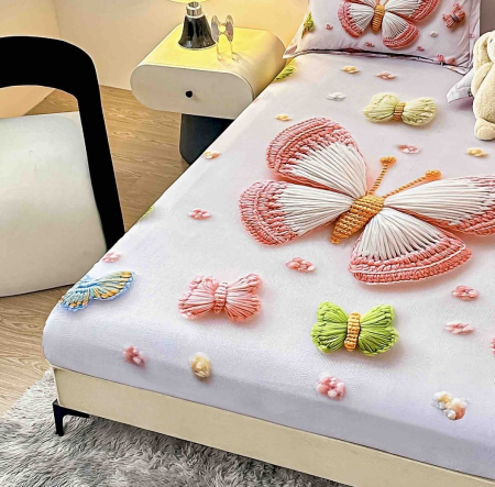 Husa de Pat cu Elastic Bumbac Finet 5D, Pat Dublu, cu 2 Fete de Perna, 160x200 cm - Alb/Roz, Fluturi [1]